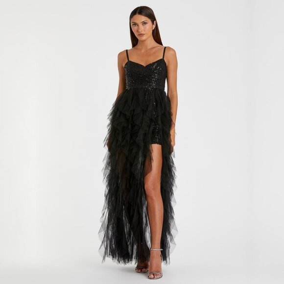 NWT Mac Duggal Sequin Mini with High Low Ruffle Tiered Train Black 2 #8598 - Picture 1 of 9